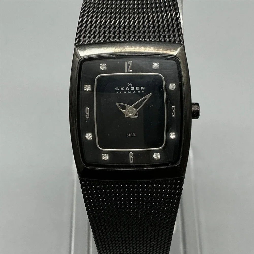 Skagen Womens Watch 21mm Black Dial Crystals Mesh Bracelet Steel New Battery